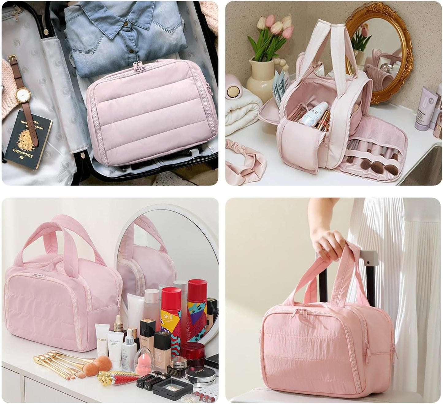 Travel Toiletry Bag, Puff Large Capacity Cosmetic Bag, Lightweight Wide Open Travel Bag for Women, Makeup Toiletry Bag Organizer with Handle for Accessories,Essentials. (Pink)