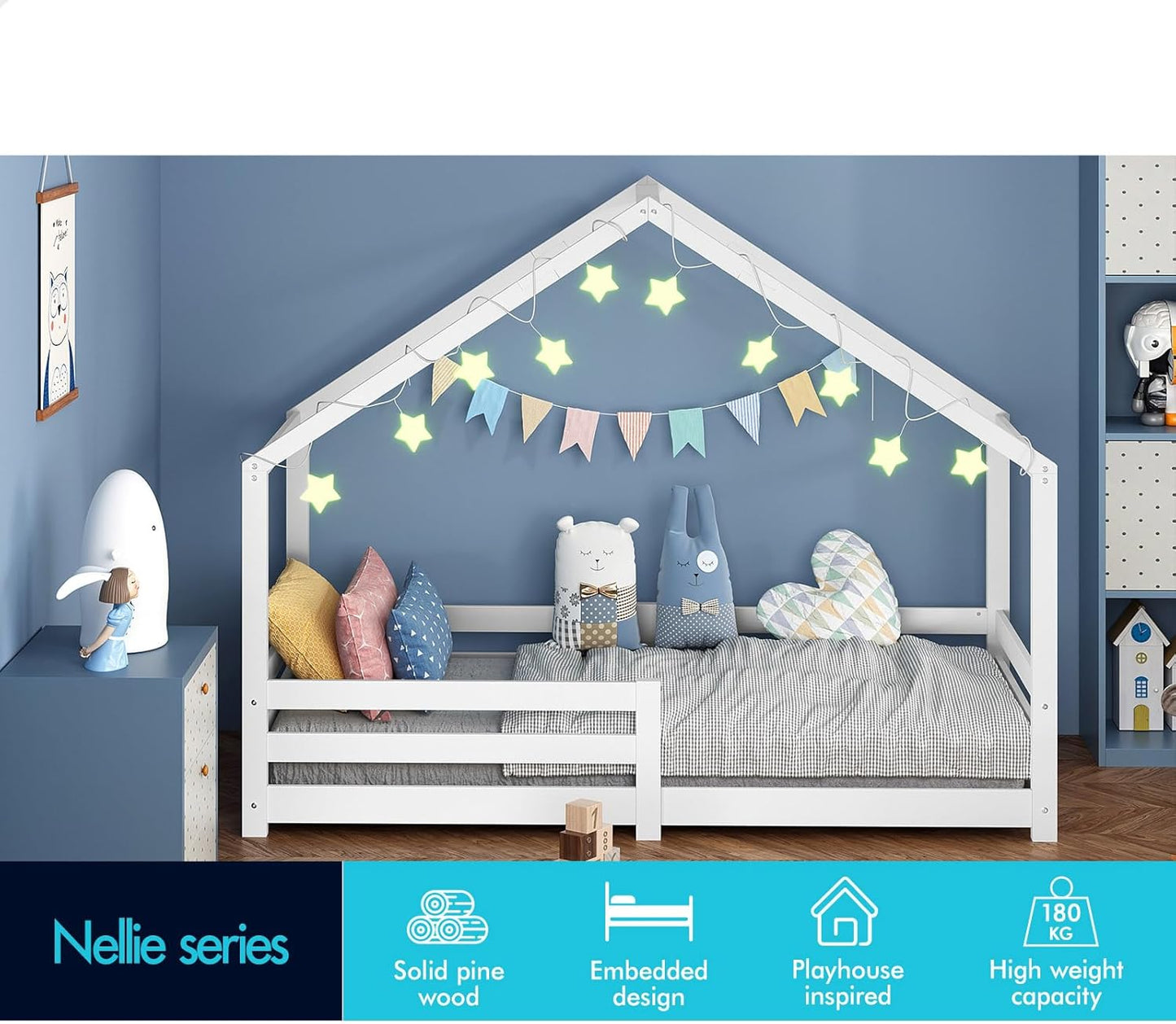 ALFORDSON Kids Bed Frame Wooden Timber House Frame Single Size Mattress Base Platform, Pine Wood Bed Base Foundation Children's Beds, Nellie Series Bedroom Furniture in White Colour