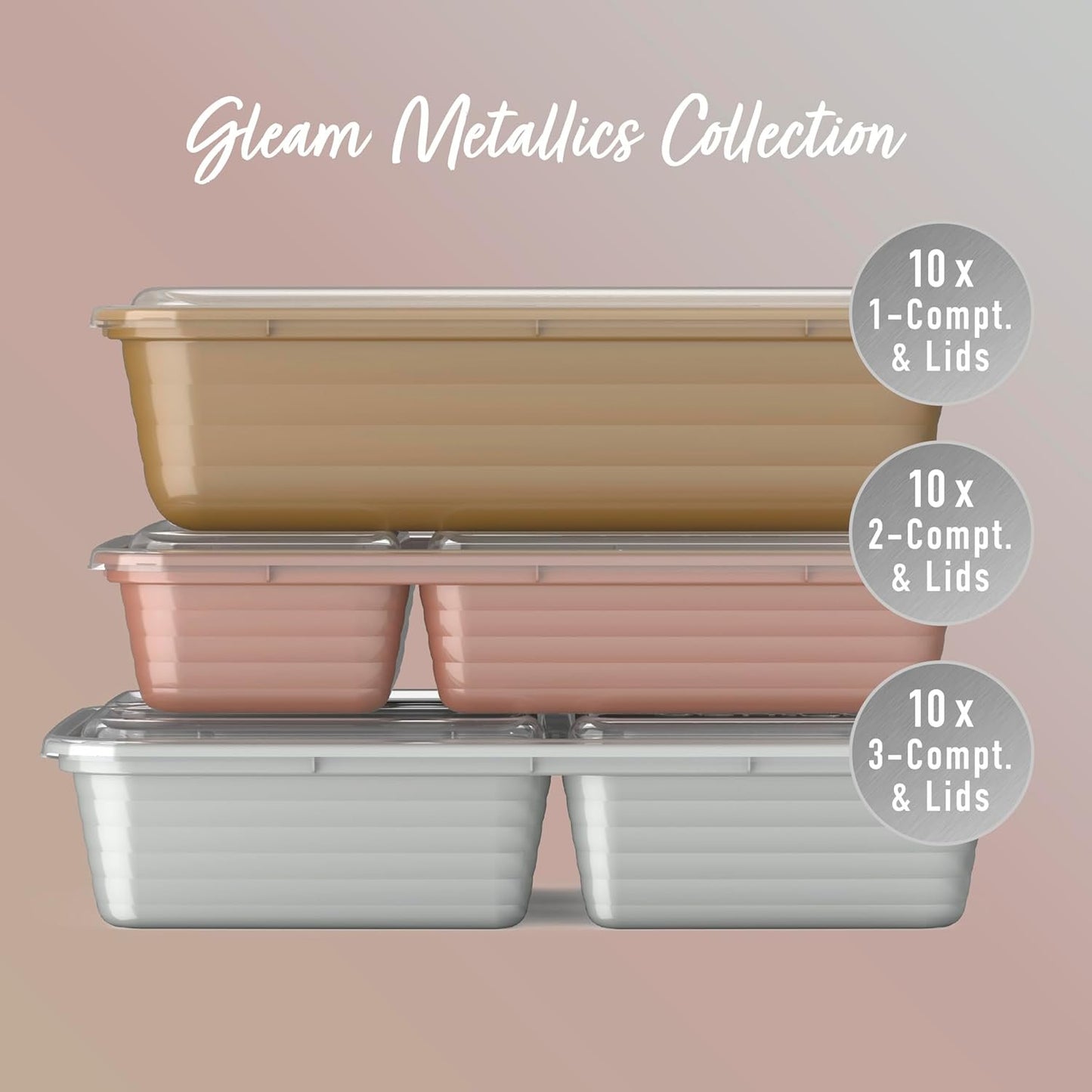 Bentgo Prep 60-Piece Meal Prep Kit - Reusable Food Containers 1-Compartment, 2-Compartment, & 3-Compartments for Healthy Eating - Microwave, Freezer, & Dishwasher Safe (Gleam Metallics)