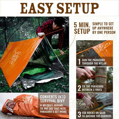 World's Toughest Ultralight Survival Tent • 2 Person Mylar Emergency Shelter Tube Tent + Paracord • Year-Round All Weather Protection for Hiking, Camping, & Outdoor Survival Kits (Army Green)