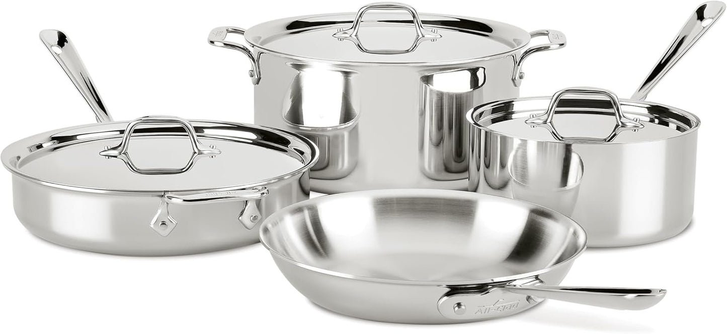 All-Clad D3 3-Ply Stainless Steel Cookware Set 7 Piece, Induction Compatible, Oven Broiler Safe 600F, Kitchen Cooking Set w/Frying Pan, Sauce Pan, Saute Pan, Stockpot, Professional Pots & Pans Silver