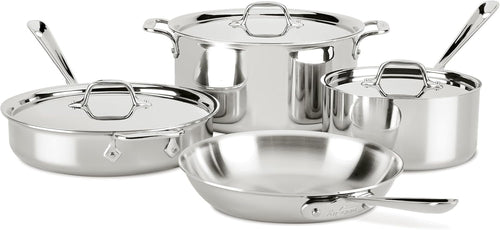 All-Clad D3 3-Ply Stainless Steel Cookware Set 7 Piece, Induction Compatible, Oven Broiler Safe 600F, Kitchen Cooking Set w/Frying Pan, Sauce Pan, Saute Pan, Stockpot, Professional Pots & Pans Silver