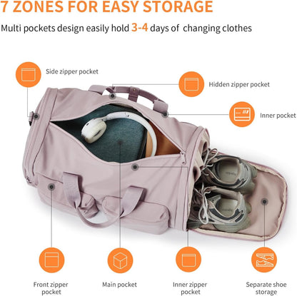 Gym Bag Duffle Bag for Travel: Gym Bag for Women Men Gym Bag with Shoe Compartment - 3 in 1 Carry on Bag Travel Duffel Bags with Trolley Sleeve - Lightweight Travel Bag Sports Bag (Soft Pink)