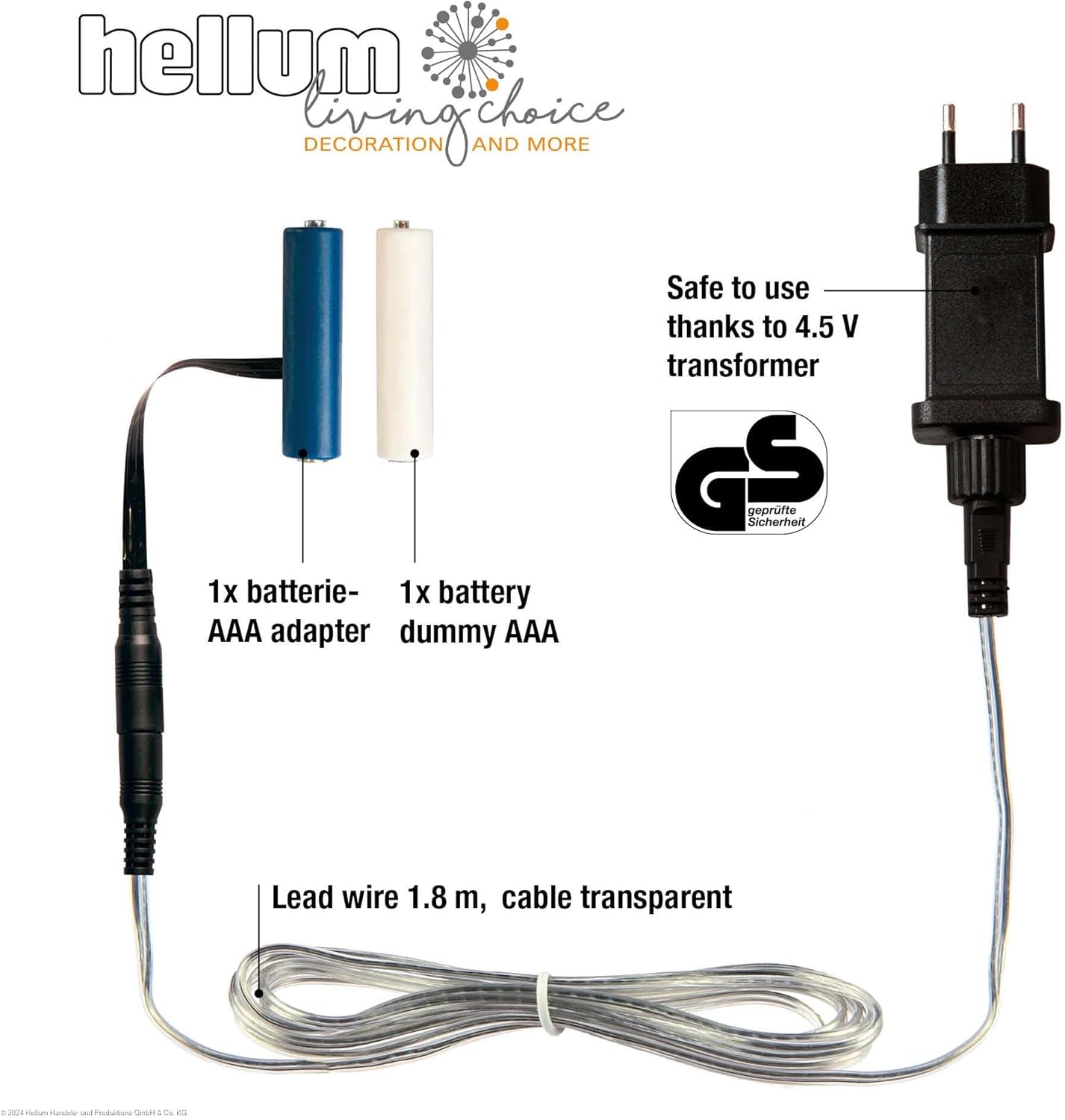 Hellum Battery Adapter, 3V Replacement Adapter for AAA Batteries x 2 Pack, AAA x 2 x Dummy Batteries, Replacement Power Supply with 1.8m Cable for Battery Lighting Decoration