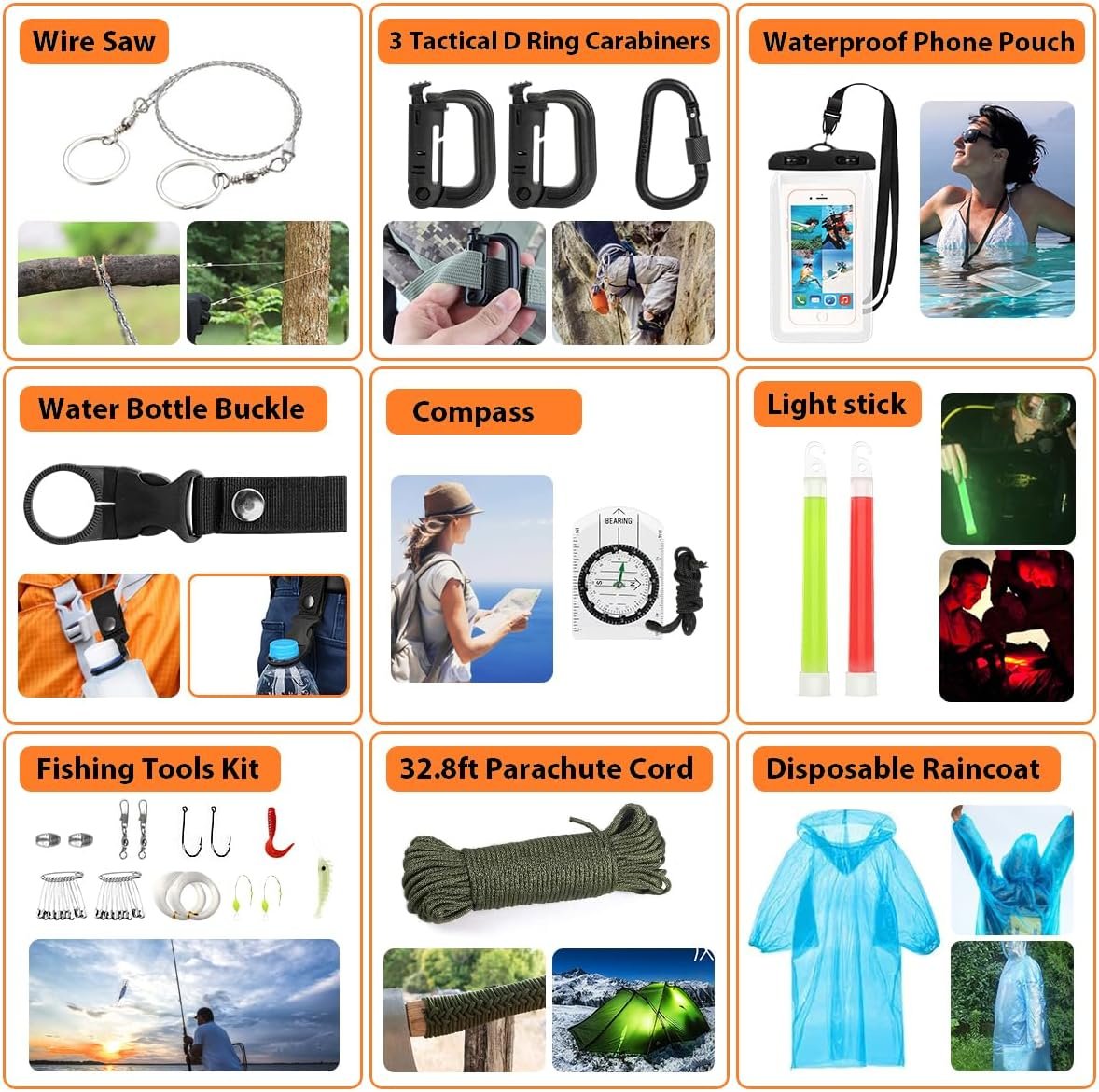 Survival Kit 250pcs, Emergency Survival Gear Kit Survival Tool Emergency Blanket Multi-Tool Axe Shovel First Aid Kit for Wilderness Camping Hiking First Aid for Earthquake, Gifts for Men Women