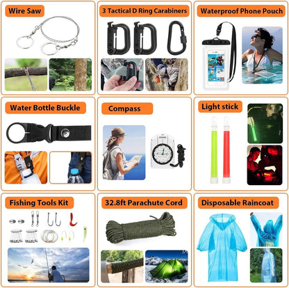 Survival Kit 250pcs, Emergency Survival Gear Kit Survival Tool Emergency Blanket Multi-Tool Axe Shovel First Aid Kit for Wilderness Camping Hiking First Aid for Earthquake, Gifts for Men Women