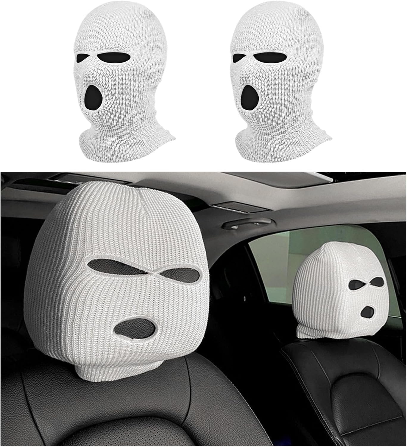Suvnie 2 PCS Car Headrest Cover, Personalized Funny Car Seat Full Face Mask, Ski Mask Wrap Protection for Auto Front Seat Rest Decoration, Universal Interior Car Accessories (White)