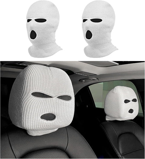 Suvnie 2 PCS Car Headrest Cover, Personalized Funny Car Seat Full Face Mask, Ski Mask Wrap Protection for Auto Front Seat Rest Decoration, Universal Interior Car Accessories (White)