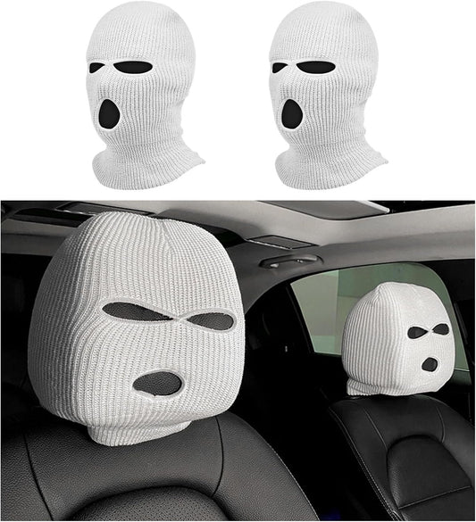 Suvnie 2 PCS Car Headrest Cover, Personalized Funny Car Seat Full Face Mask, Ski Mask Wrap Protection for Auto Front Seat Rest Decoration, Universal Interior Car Accessories (White)