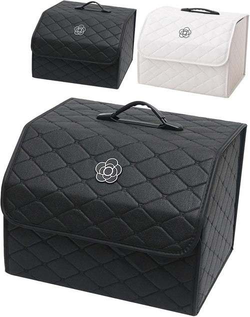 Trunk Organizer for SUV & Sedan, Car Organizers and Storage with Lid Black, Leather Storage Box with Lid, Multi-functional Collapsible Cargo Bins(Large)