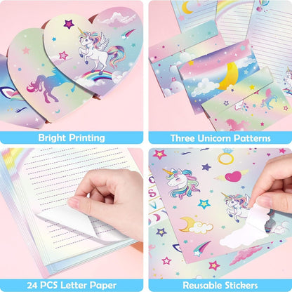 WERNNSAI Kids Stationery Set - 69 PCS Unicorn Girls Stationery Set Teens Pink Paper Letter Writing Set Stationery Writing Sheets with Envelopes Greeting Cards School Girls Unicorn Gift Set