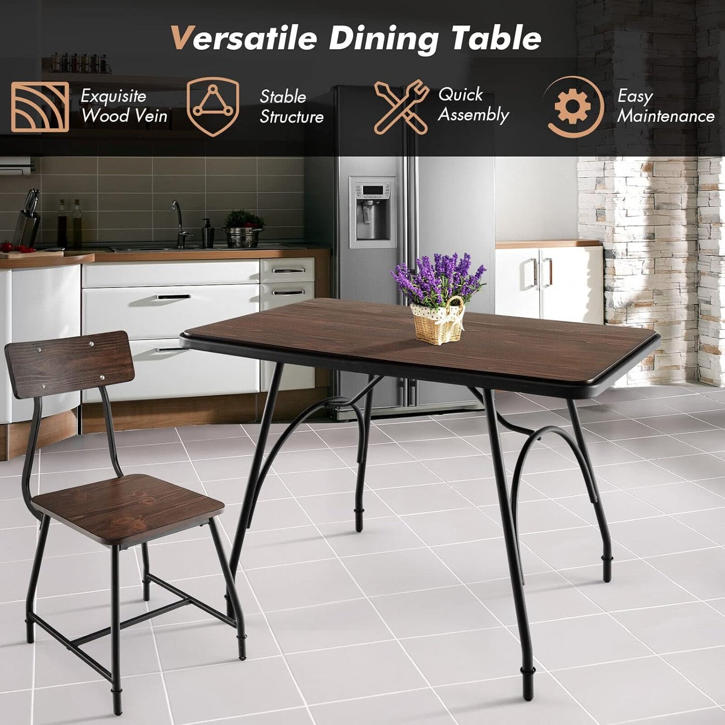Giantex Industrial Dining Table, 110 x 70cm Kitchen Table w/Spacious Tabletop, Adjustable Feet, Solid Steel Frame, Arch Design & Rounded Corners, Heavy Duty Kitchen Table, Easy Assembly, Rustic Brown