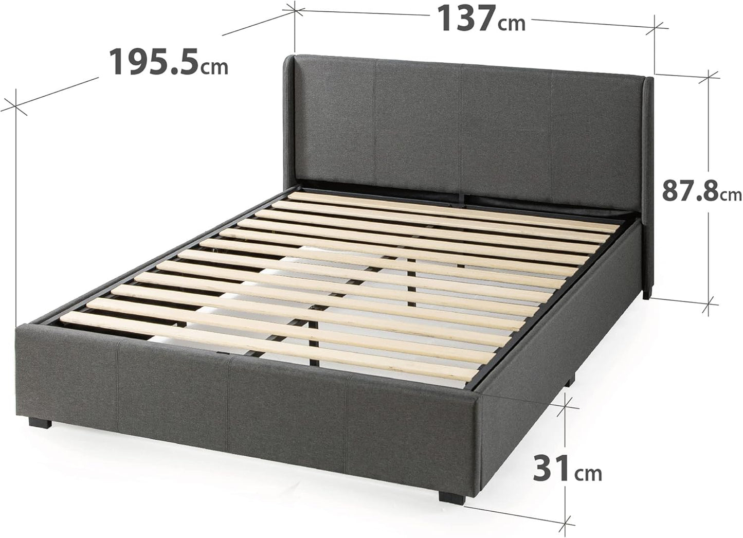 Double Bed Frame, Zinus Fabric Upholstered Bed Base with Gas Lift Storage, Dark Grey, Bedroom Furniture