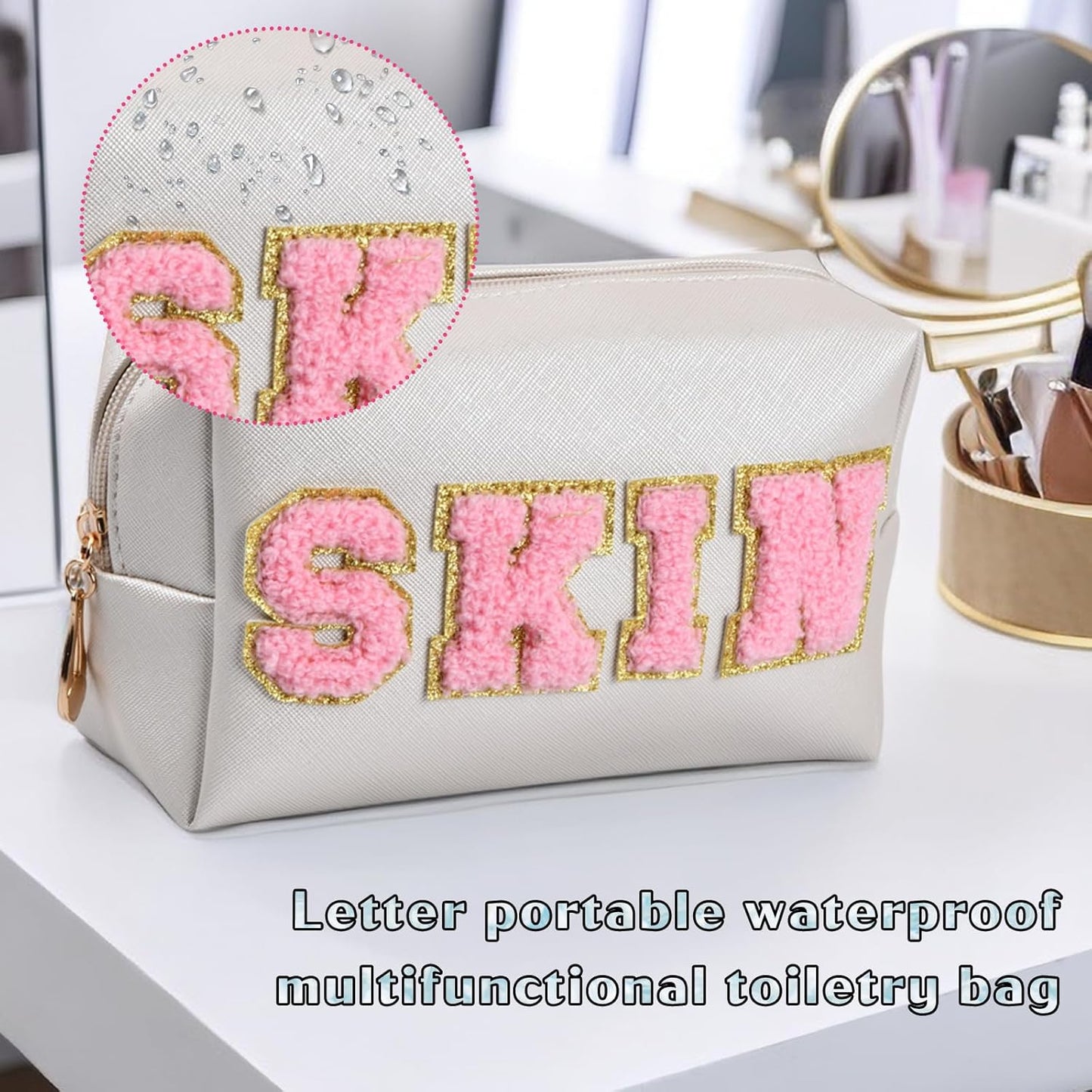 Dokeo Preppy Patch Makeup Bag, Preppy Leather Makeup Bag Letters Waterproof Cosmetic Bag with Zipper Portable for Women Travel Accessories Easy to Carry, cream, Preppy Style