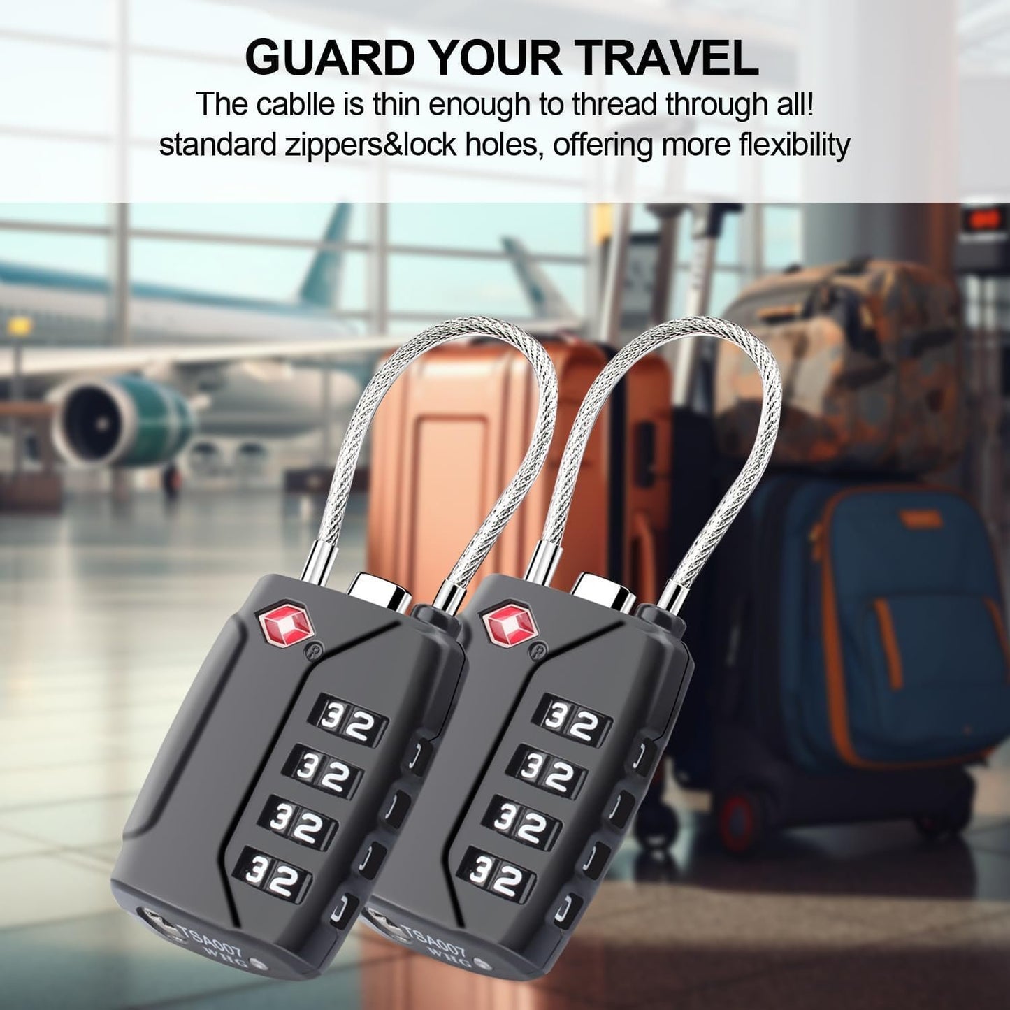 TSA Approved Luggage Locks,4-Digit Security Suitcase Locks,Combination Padlock for Suitcases Flexible Cable Travel Lock(Black+Black+Silver+Silver)