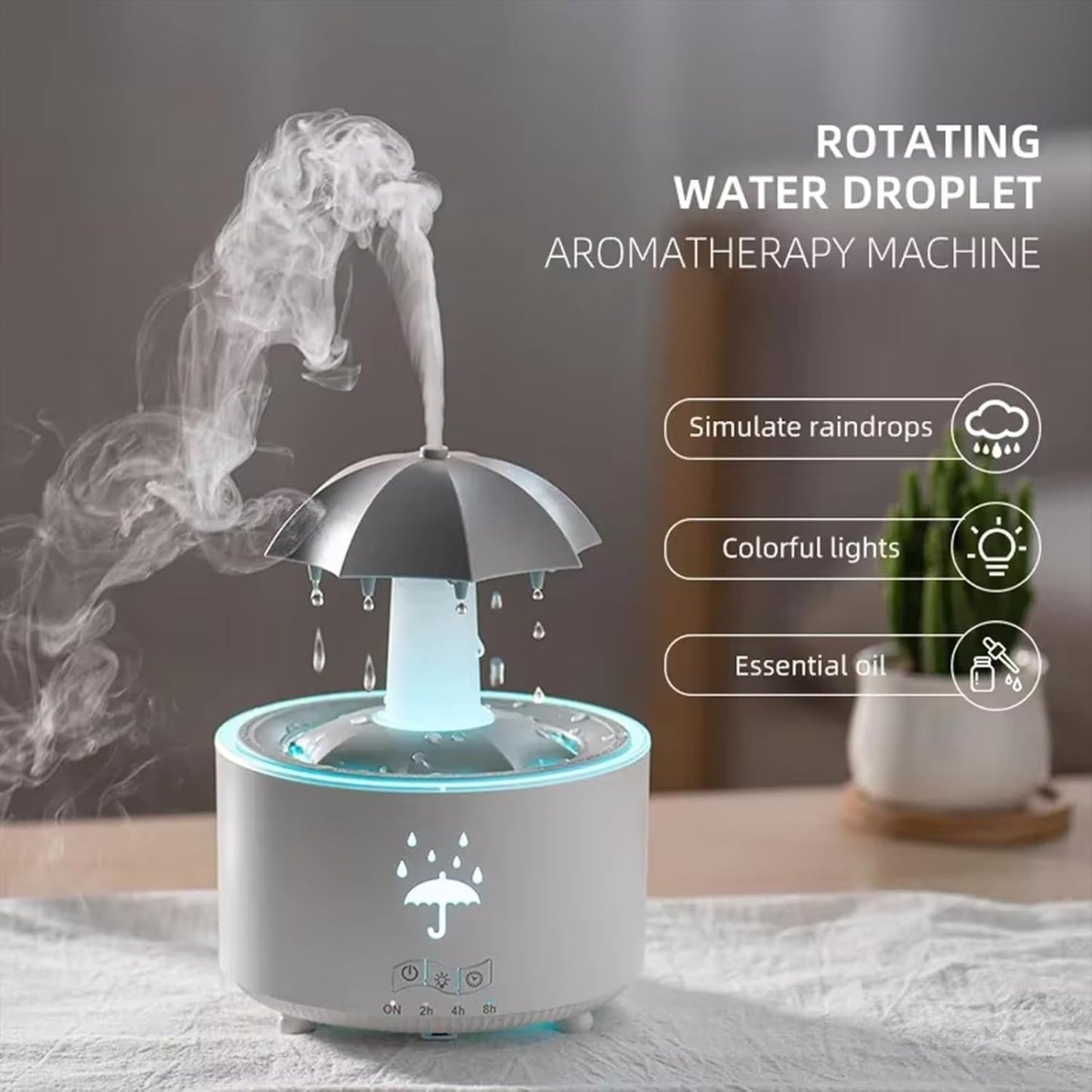 Umbrella Humidifier for Bedroom, Rotate Umbrella Rain Humidifier with Remote Control, 300ML Aroma Diffuser, 7 Colors Mood Light, Timer and Waterless Auto-Off, Air Humidifiers for Desk