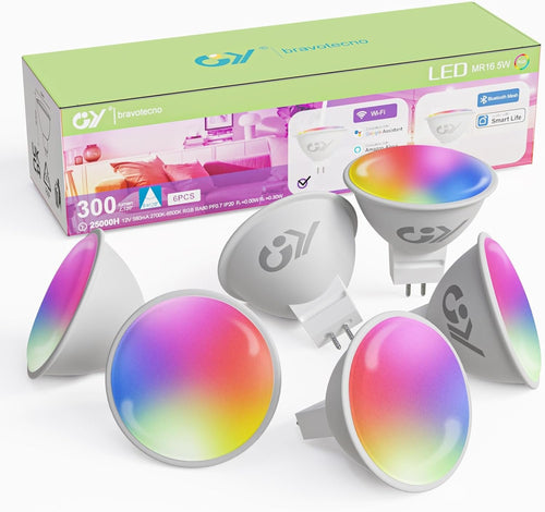GY Alexa Light Bulb Smart Lamp GU5.3 MR16, 12 V AC/DC WLAN LED Compatible with Google Home 2.4 GHz, 5 W 380 lm, Dimmable Warm White Cool White and Multicoloured Bulb, Control by App, Pack of 6