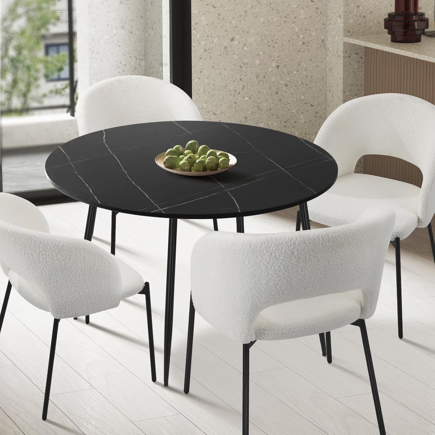 Oikiture 110cm Round Dining Table with Marble Table Top and Metal Legs Black