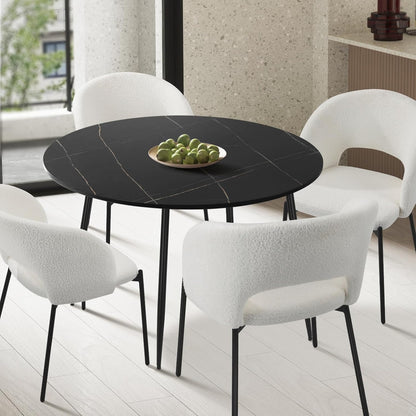 Oikiture 110cm Round Dining Table with Marble Table Top and Metal Legs Black