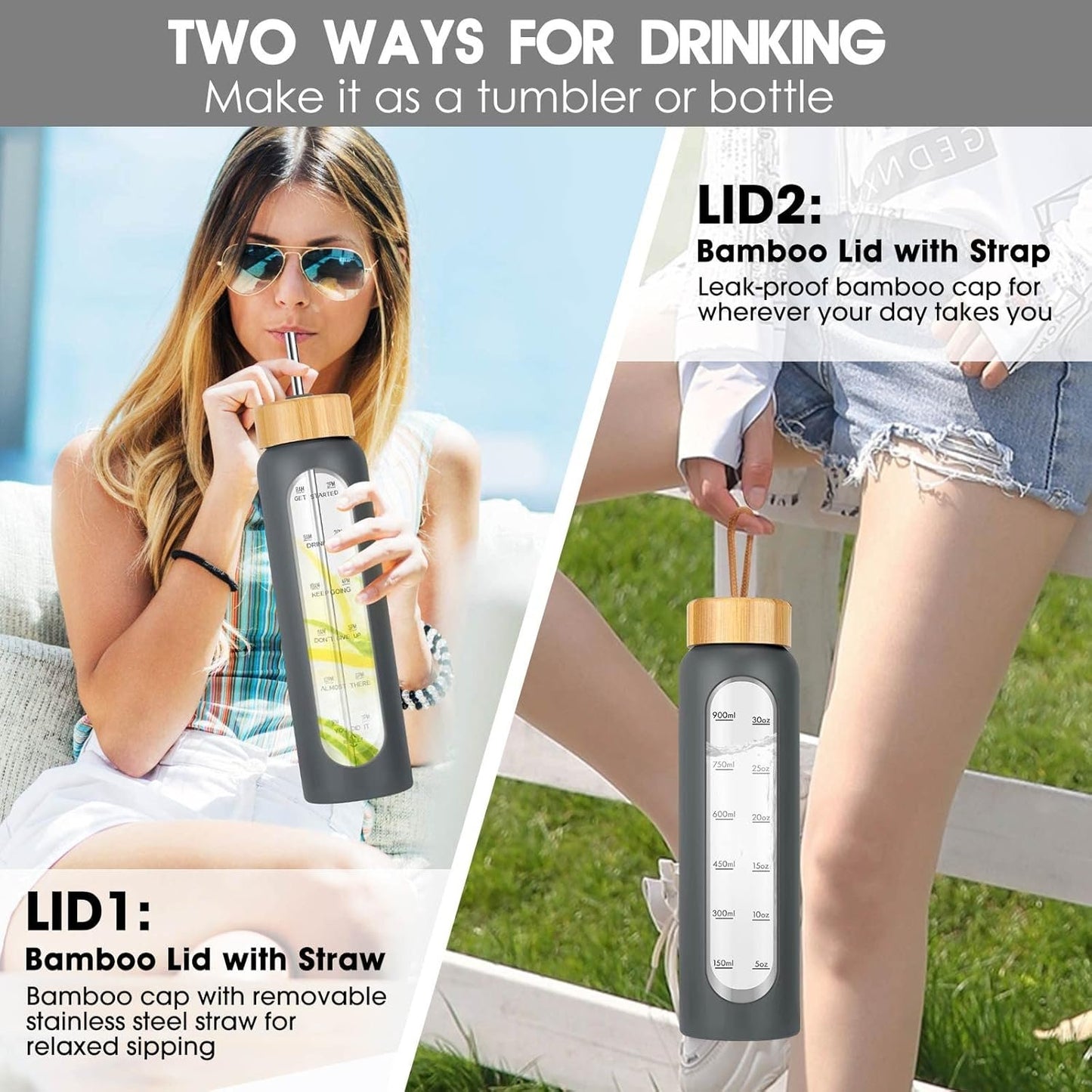 SipZest 32 oz Glass Water Bottle with Straw - Motivational Time Marker & Silicone Sleeve - Reusable Tumbler Includes 2 Bamboo Lids & Fruit Infuser - 1 Pack