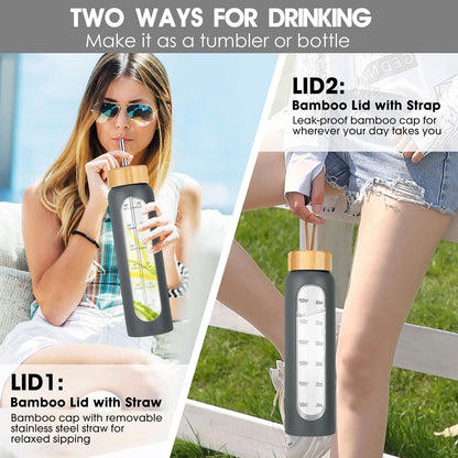 SipZest 32 oz Glass Water Bottle with Straw - Motivational Time Marker & Silicone Sleeve - Reusable Tumbler Includes 2 Bamboo Lids & Fruit Infuser - 1 Pack