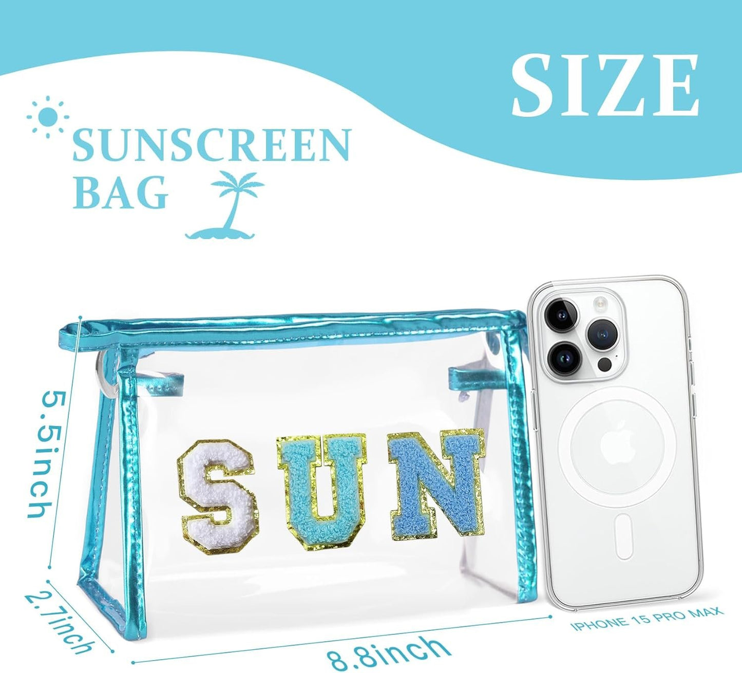COSHAYSOO Clear Makeup Bag Sunscreen Pouch with Letter Patches Summer Beach Essential Stuff Accessories Birthday Christmas Gifts for Women Mom Teacher Nurse, Blue-SUN, Preppy