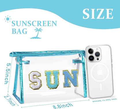 COSHAYSOO Clear Makeup Bag Sunscreen Pouch with Letter Patches Summer Beach Essential Stuff Accessories Birthday Christmas Gifts for Women Mom Teacher Nurse, Blue-SUN, Preppy