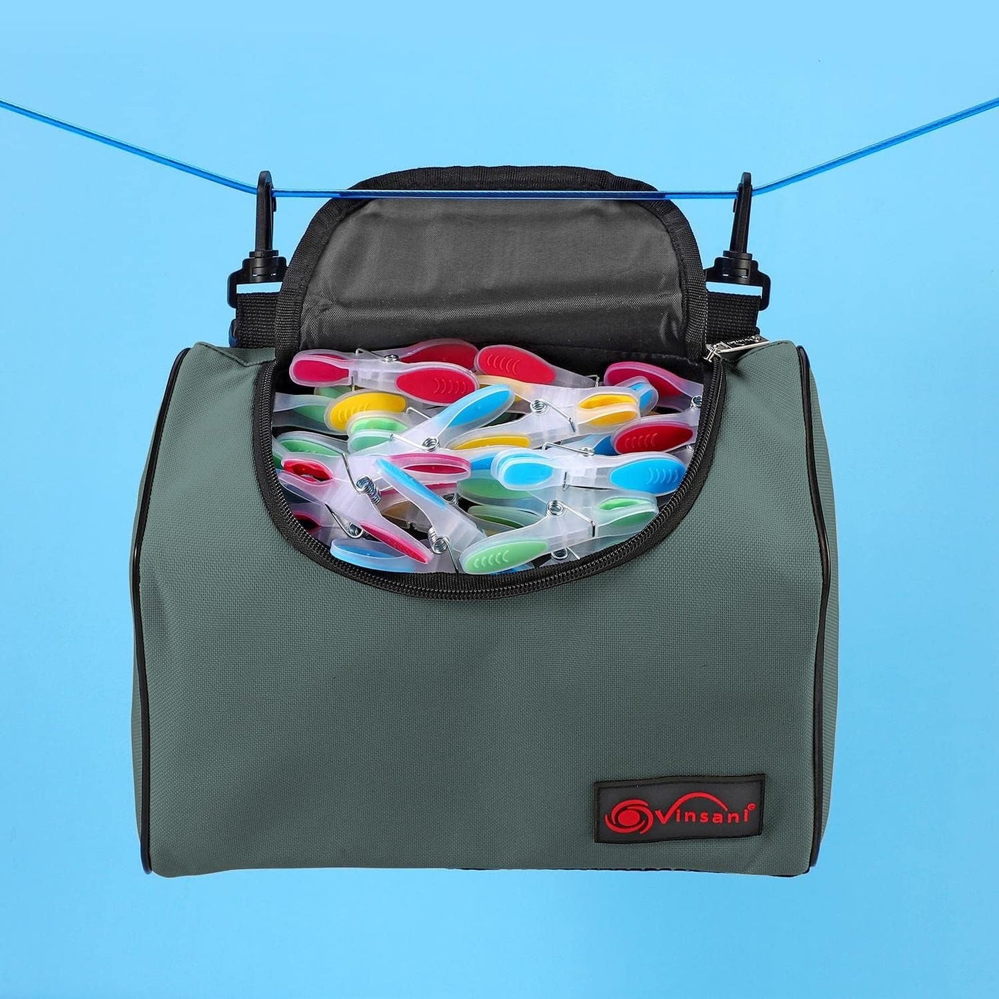 Vinsani Clothes Peg Bag Premium Zipped Waterproof Wearable Peg Storage Organiser Bag with Double Clips, Shoulder/Waist Strap Holds up to 300 Pegs Suitable for Indoor Outdoor Use â€“ Grey