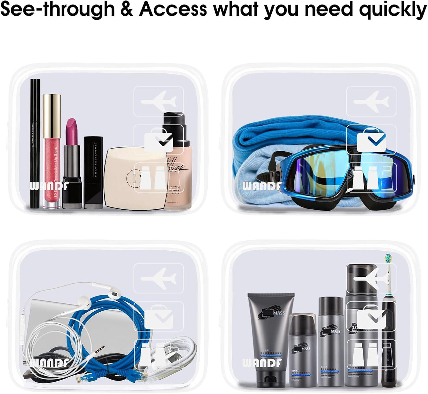Clear Travel Toiletry Bags with Zippers Portable Waterproof Travel Accessories Quart Size Toiletries Cosmetic Pouch Makeup Bags for Men and Women (2pcs White)