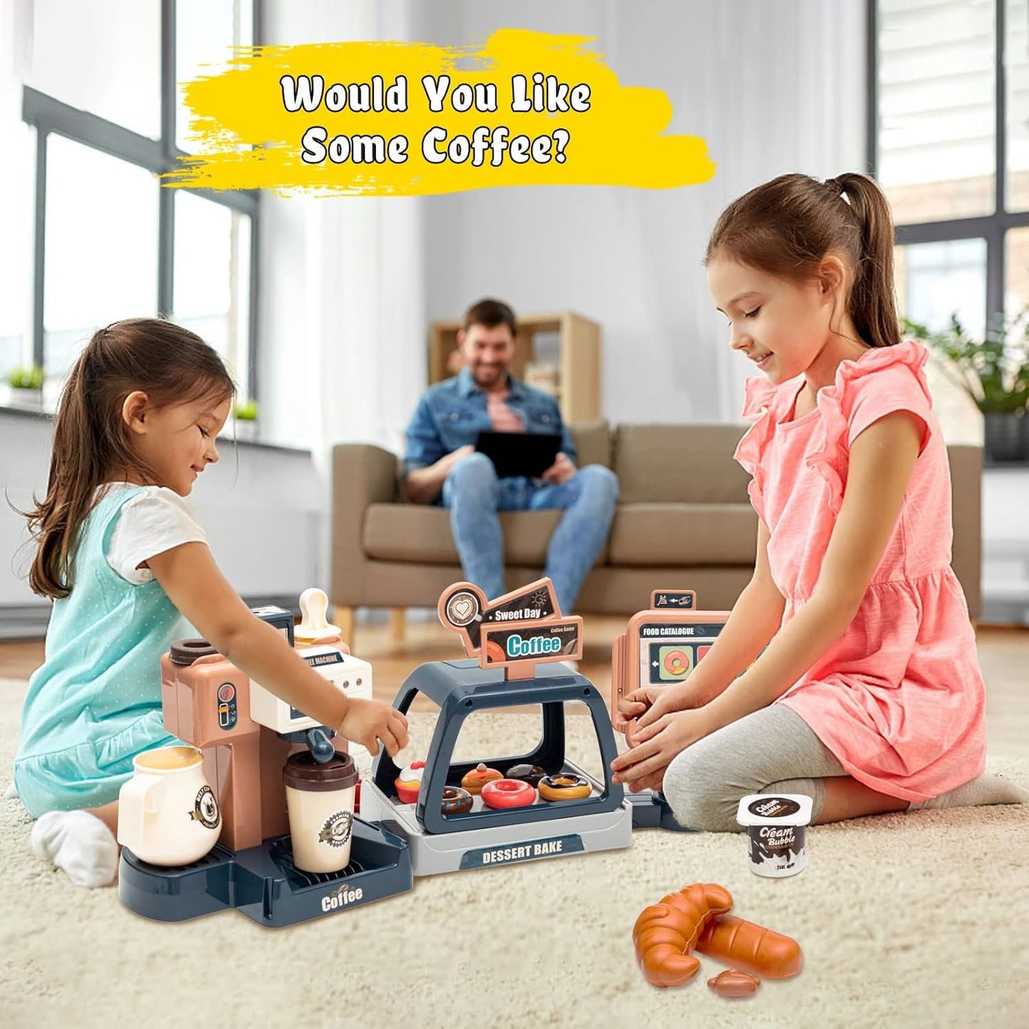 Pretend Role Play Toy Coffee Shop for Boys and Girls with Coffee Maker Machine and Fake Donuts 41Pcs (coffe2)