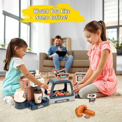 Pretend Role Play Toy Coffee Shop for Boys and Girls with Coffee Maker Machine and Fake Donuts 41Pcs (coffe2)