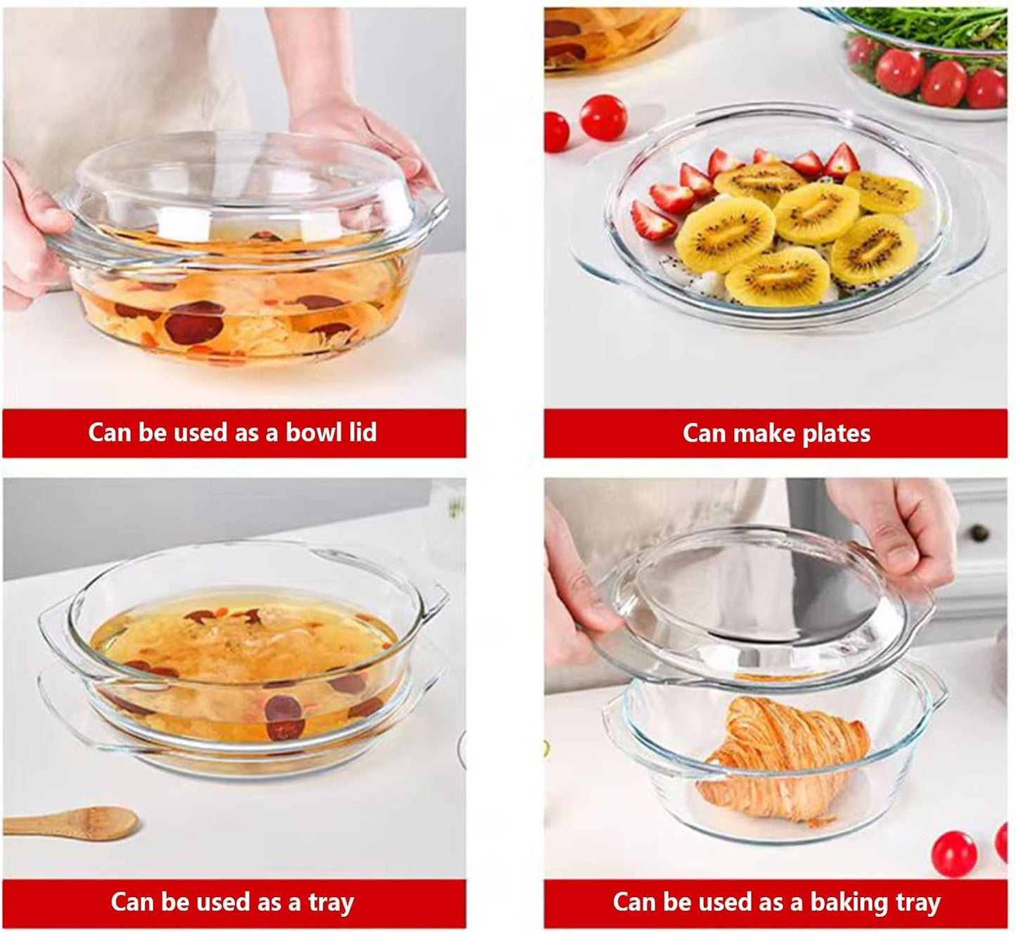 2 Set Glass Casserole Dishes with Lids, Borosilicate Cookware Bakeware Set with Handles, Oven Microwave Safe Bowls for Cooking Baking Serving 0.7L & 1.5L