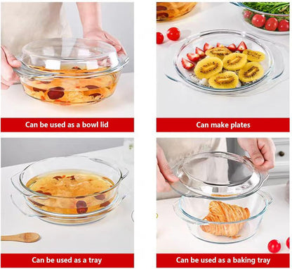 2 Set Glass Casserole Dishes with Lids, Borosilicate Cookware Bakeware Set with Handles, Oven Microwave Safe Bowls for Cooking Baking Serving 0.7L & 1.5L