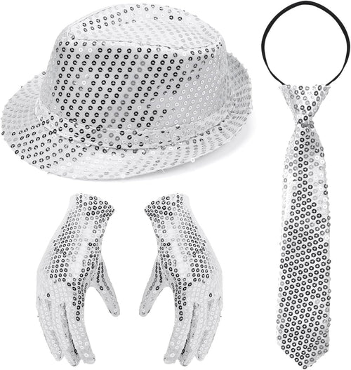 3 Pcs Disco Accessories Set, 70s Disco Carnival Clothing Men's Accessories 3 Pcs Silver Set, Sequin Hat, Glitter Tie, and Glitter Gloves, Suitable for Makeup Parties