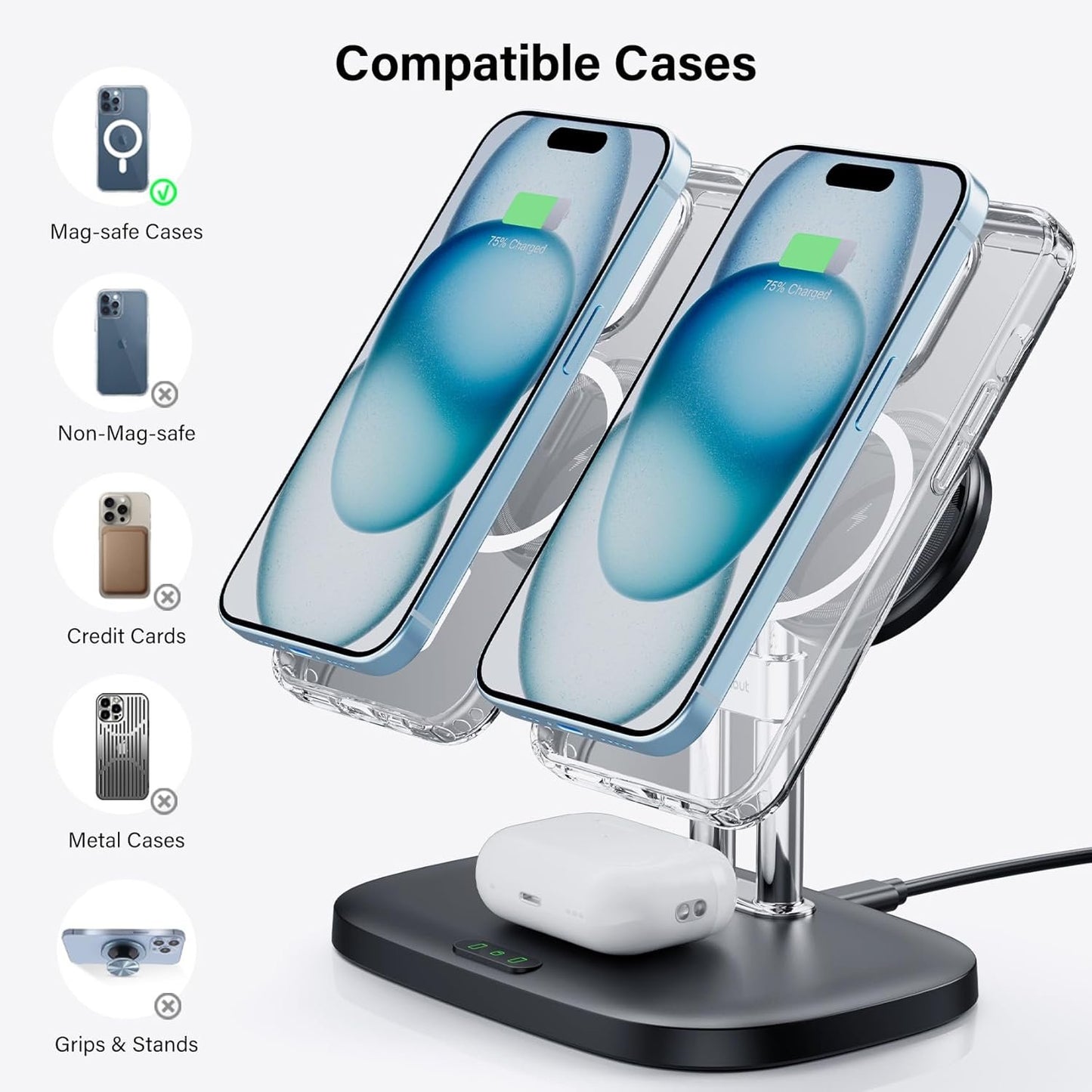 SwanScout Magnetic Dual Phone Charger for iPhone, 3 in 1 Wireless Charging Station for iPhone 15/14/13/12 Series, for Air pods Pro 2/3, Magnetic Wireless Phone Charger (Black)