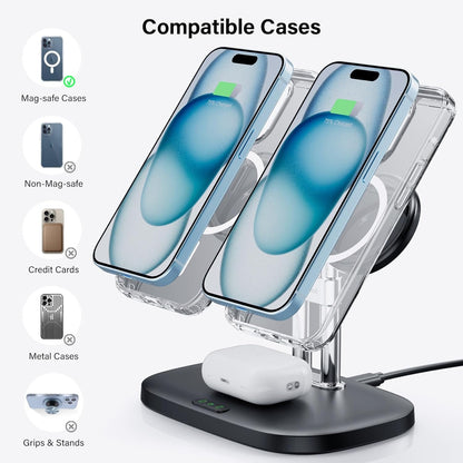 SwanScout Magnetic Dual Phone Charger for iPhone, 3 in 1 Wireless Charging Station for iPhone 15/14/13/12 Series, for Air pods Pro 2/3, Magnetic Wireless Phone Charger (Black)