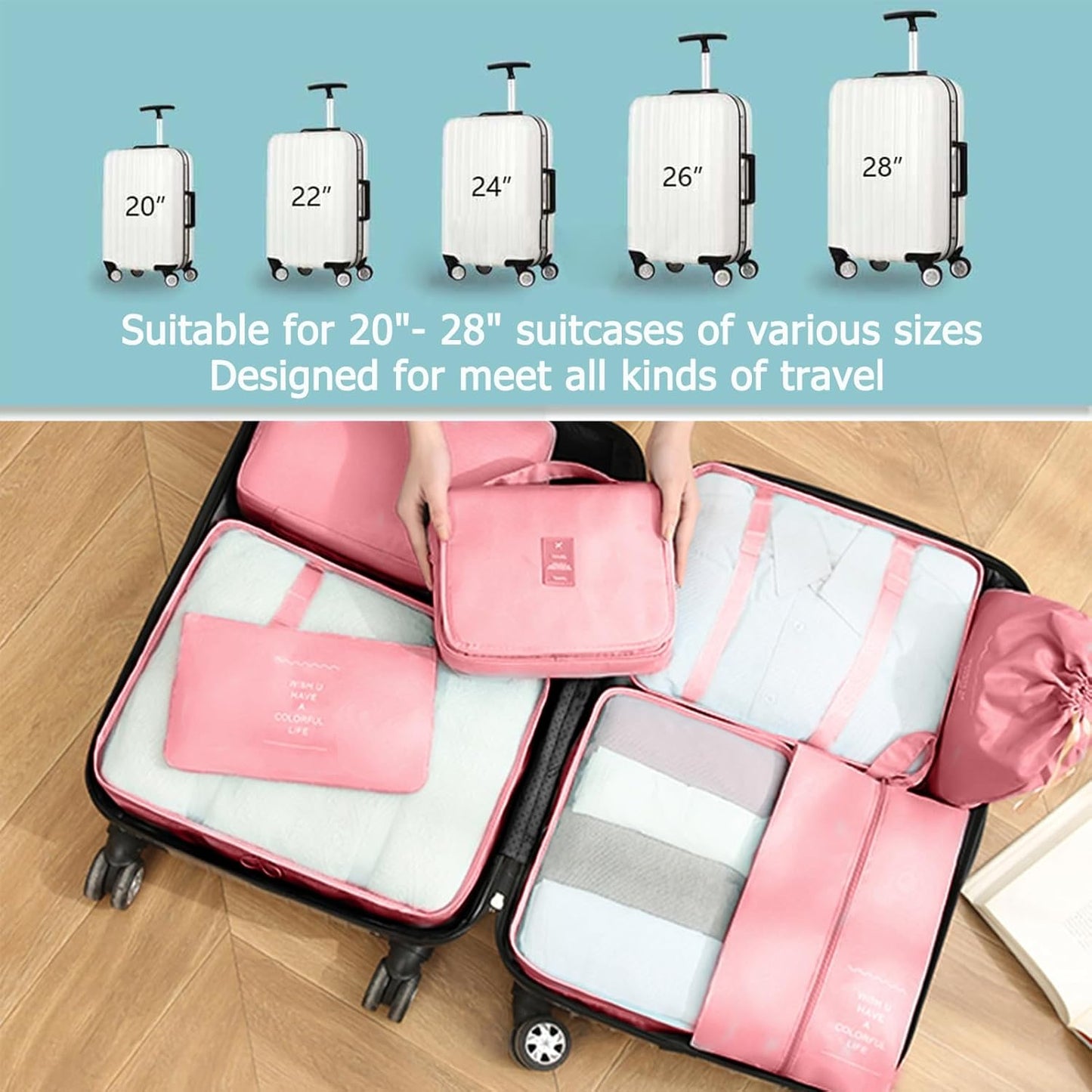 Suitcase Organizer, 11 Pieces Waterproof Packing Cube Set, Separators Bags Travel Travel Organizer with 3 Liquid Travel Containers, for Clothing Underwear Footwear Sacks - Pink