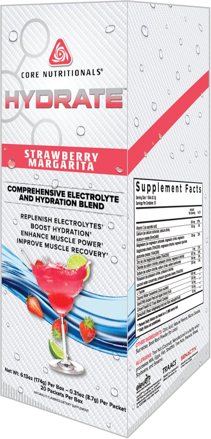 Core Nutritionals Hydrate Strawberry Margarita Flavoured Comprehensive Electrolyte & Hydration Blend Powder 8.1 g (20 Packet)