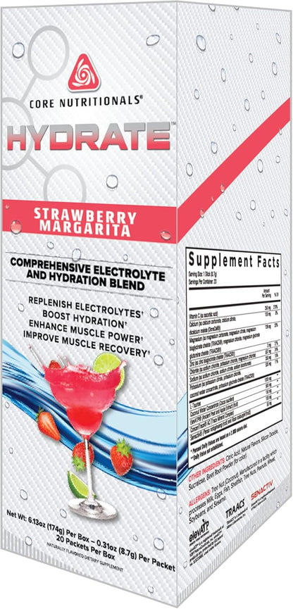 Core Nutritionals Hydrate Strawberry Margarita Flavoured Comprehensive Electrolyte & Hydration Blend Powder 8.1 g (20 Packet)
