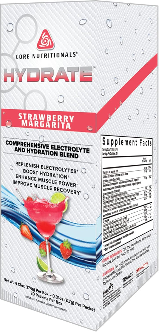 Core Nutritionals Hydrate Strawberry Margarita Flavoured Comprehensive Electrolyte & Hydration Blend Powder 8.1 g (20 Packet)