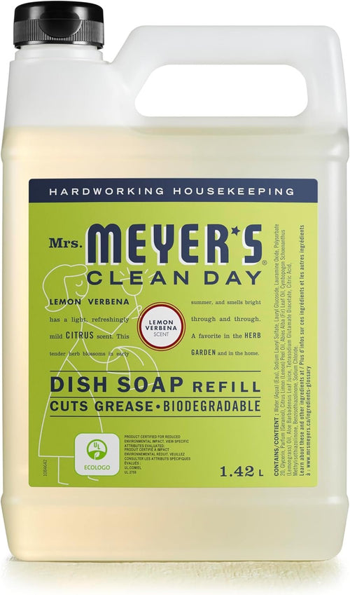 Mrs. Meyer's Clean Day Dish Soap Refill, Cruelty Free Dishwashing Liquid, Lemon Verbena Scent, 1.4 Liter Refill for Dish Soap Bottle