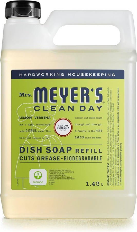 Mrs. Meyer's Clean Day Dish Soap Refill, Cruelty Free Dishwashing Liquid, Lemon Verbena Scent, 1.4 Liter Refill for Dish Soap Bottle