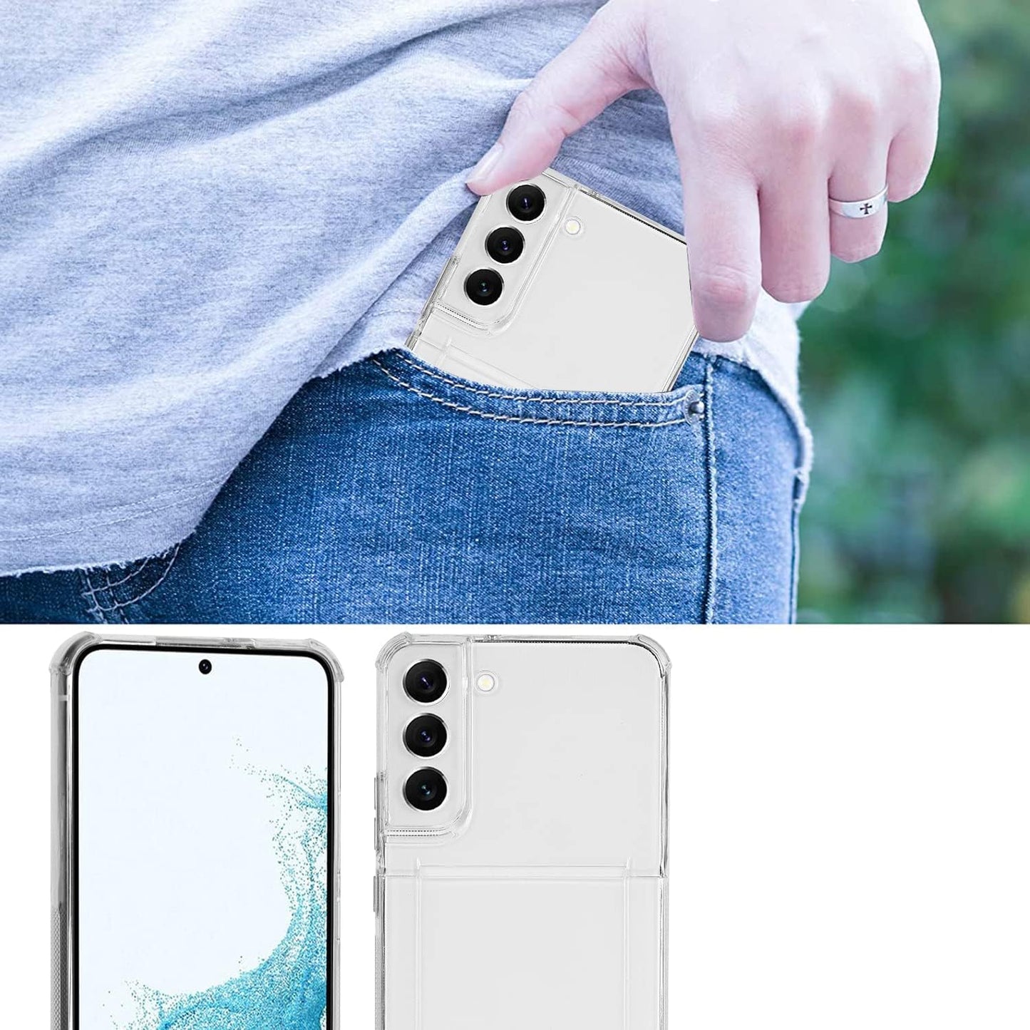 Cavor Clear Case for Samsung Galaxy S22 Slim Thin Back Cover with Shoulder Lanyard and Card Slot Soft Silicone TPU Transparent Case for Galaxy S22 5G 6.1 inch Wallet Case with Card Holder
