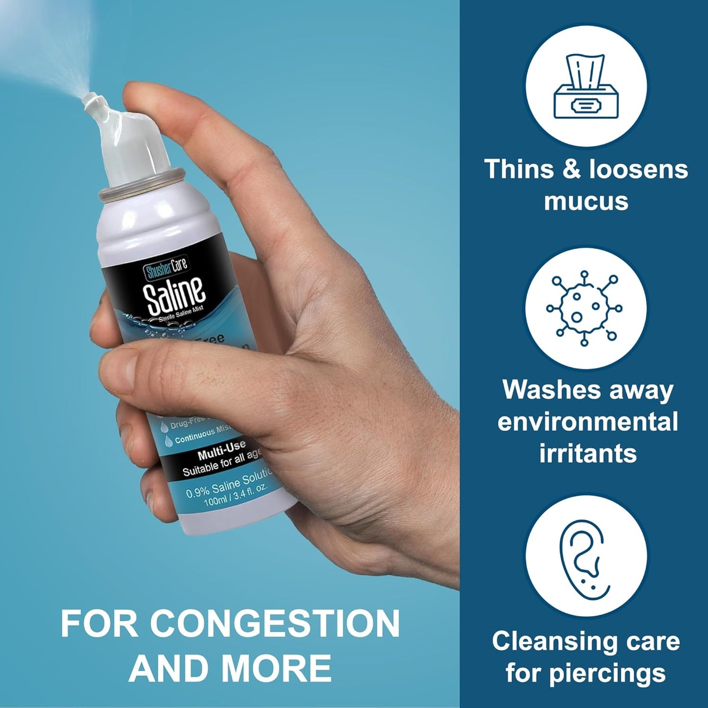 Saline Spray for Nose - Nasal Spray Saline Solution for Newborn, Baby & Adults, Salt Water Decongestant Mist for Stuffy Nose, Travel Friendly, Natural, 0.9% Saline - 100 ml (3.4 fl oz)