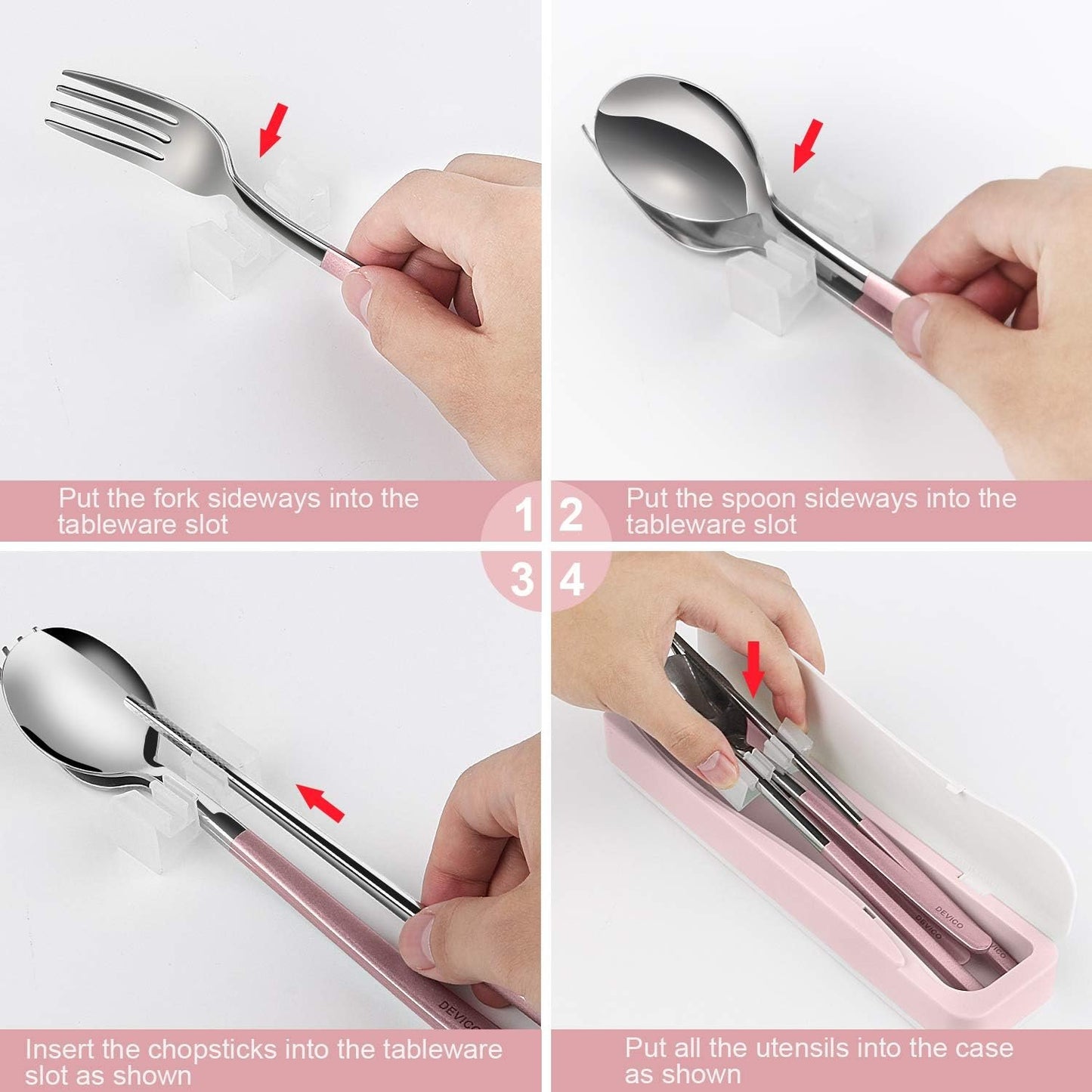 DEVICO Travel Utensils, 18/8 Stainless Steel 4pcs Cutlery Set Portable Camp Reusable Flatware Silverware, Include Fork Spoon Chopsticks with Case (Pink)