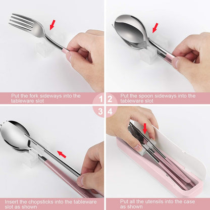 DEVICO Travel Utensils, 18/8 Stainless Steel 4pcs Cutlery Set Portable Camp Reusable Flatware Silverware, Include Fork Spoon Chopsticks with Case (Pink)