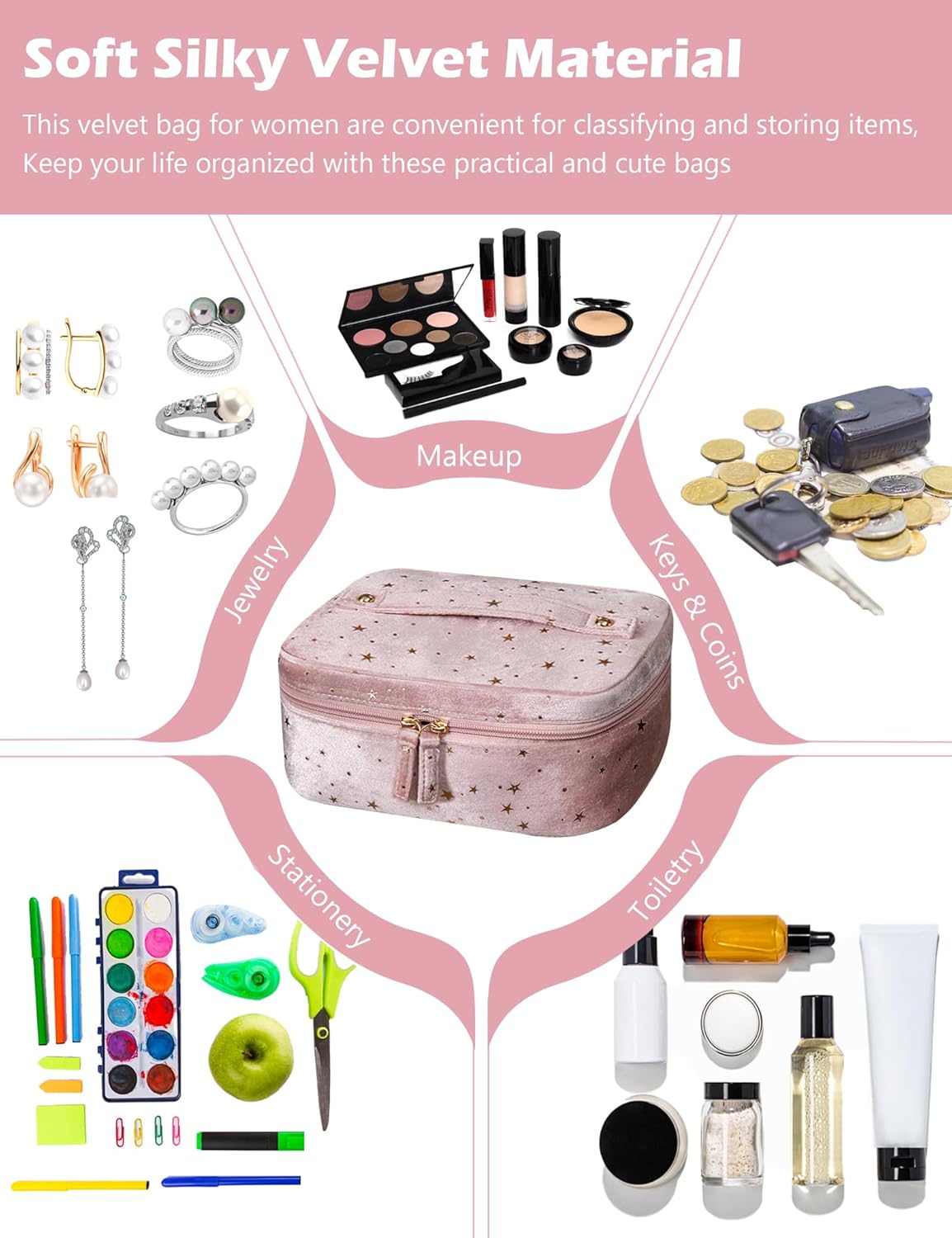 Travel Makeup Bag,Velvet Makeup Bag with Handle Cosmetic Bags for Women,Beautician Storage Bag,Large and Classy Makeup Organizer