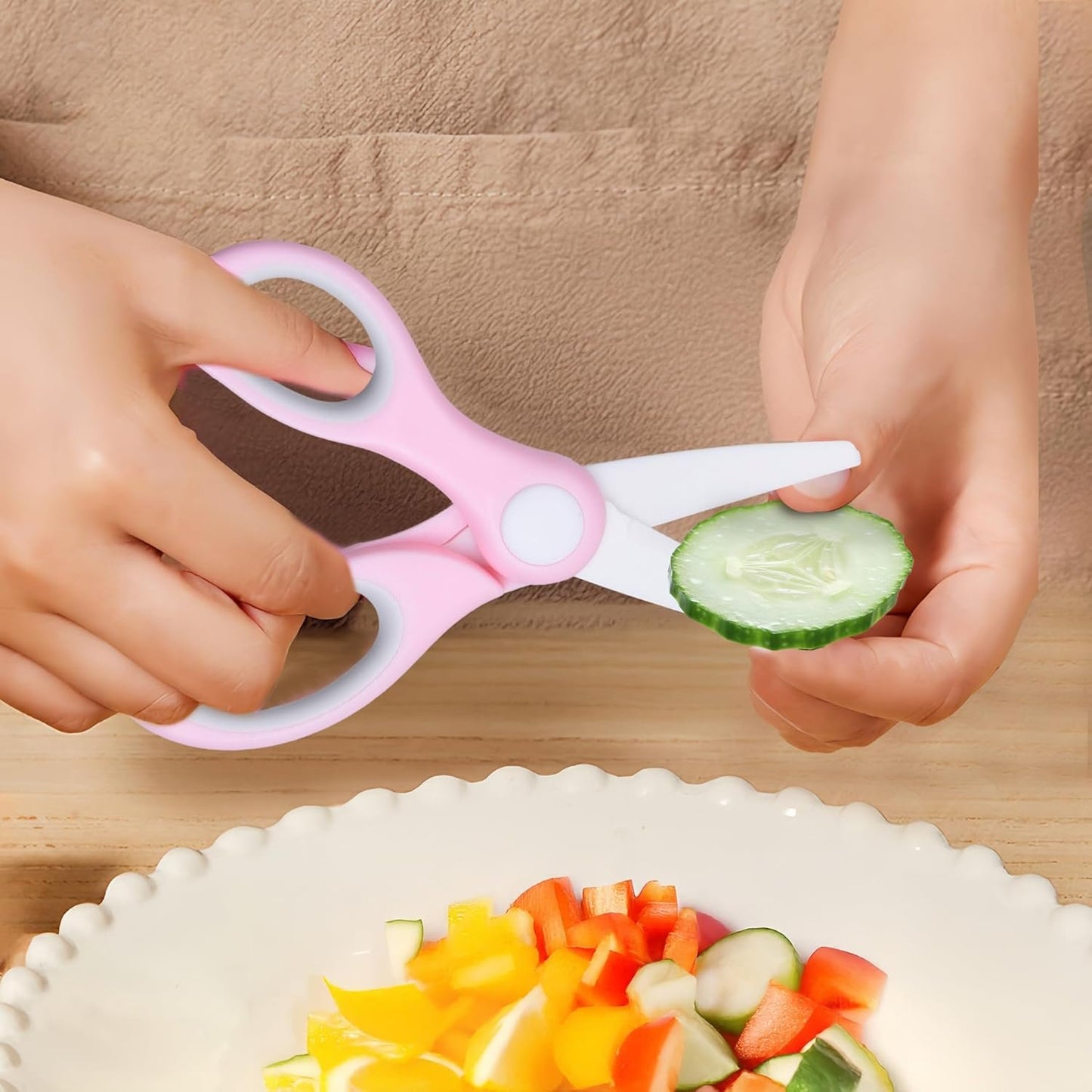 Ceramic Baby Food Scissors - Portable Shears - Healthy Food Cutter with Dust Cover and Storage Case - Cuts Meat, Chicken, Vegetables, Fruits (Pink - 2 Pack)