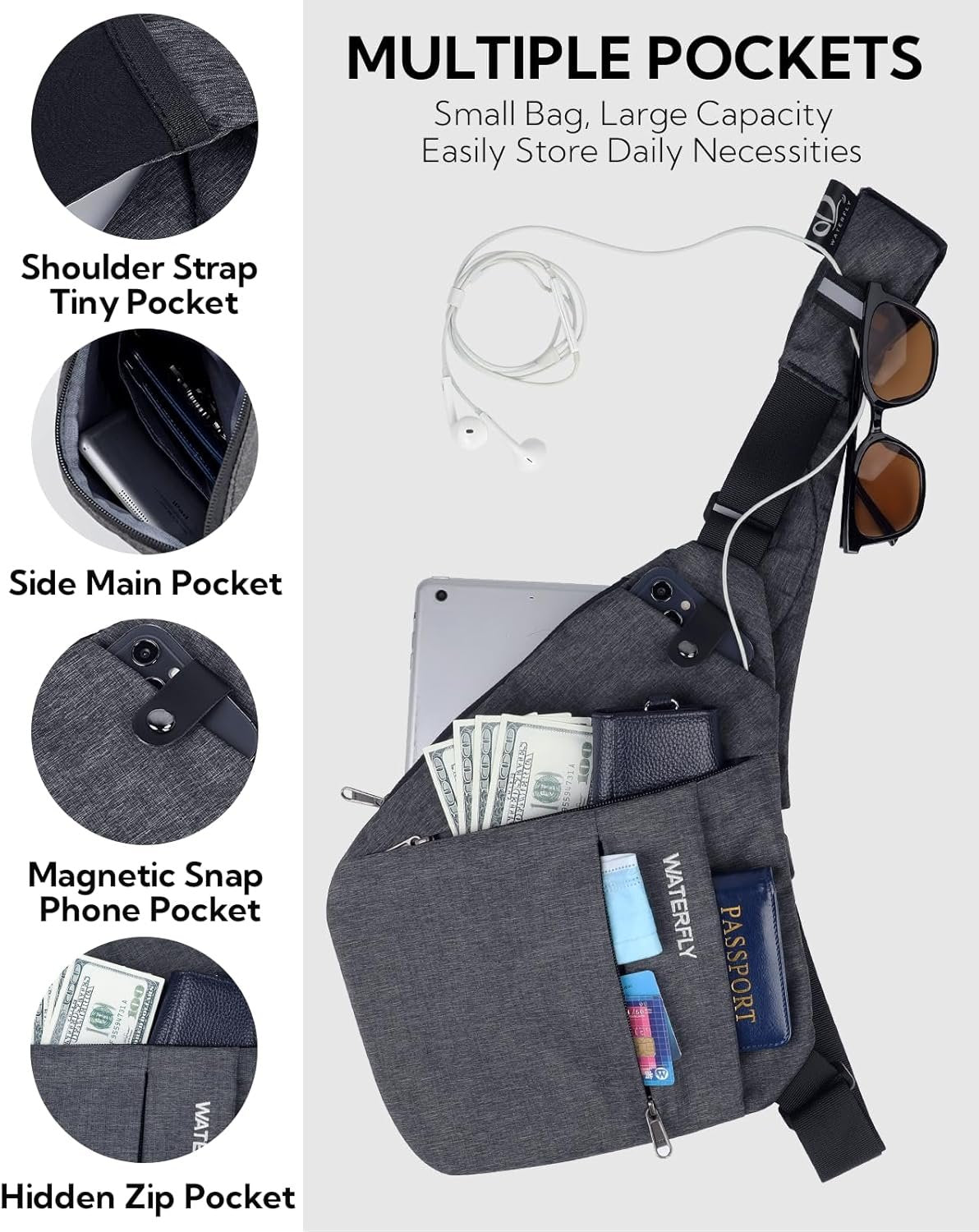 WATERFLY Sling Bag Crossbody Chest Bag Lightweight Casual Daypack Water Resistant Chest Shoulder Bag for Men Outdoor Travel Daily Use (Dark Gray)