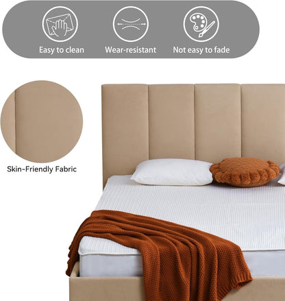 VELOCAVA King Size Lift-Up Storage Bed, Hydraulic Linen Upholstered Bed Frame with Vertical Panel Headboard, Wooden Slat Support, No Box Spring Needed, Easy Assembly, Soft Bed, Beige